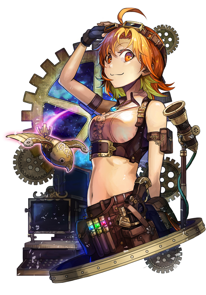 :3 adjusting_goggles ahoge aqua_hair arm_at_side arm_belt arm_up bad_id bad_pixiv_id bare_shoulders belt belt_buckle belt_pouch bird black_gloves breasts brown_hair buckle cable center_frills chains closed_mouth collared_shirt commentary_request crop_top eyelashes female fingerless_gloves frills from_side gears gem gloves glowing goggles goggles_on_head green_hair gun hair_between_eyes handgun highres holster idolmaster idolmaster_million_live! jewelry liquid looking_at_viewer machinery medium_breasts midriff multicolored_hair navel necklace night night_sky non-humanoid_robot orange_eyes orange_hair pendant portal_(object) pos_(shiratama-ya) pouch robot robot_animal shirt sky sleeveless smile solo sparkle steampunk stomach streaked_hair tassel test_tube weapon white_background white_shirt yabuki_kana