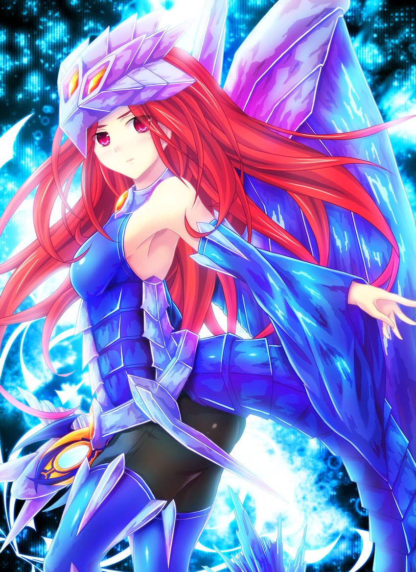 armor armpits commentary_request duel_monster emilia_(yu-gi-oh!) female highres long_hair looking_at_viewer nekroz_of_gungnir photoshop_(medium) red_hair smile tail takkayuuki wings yu-gi-oh!