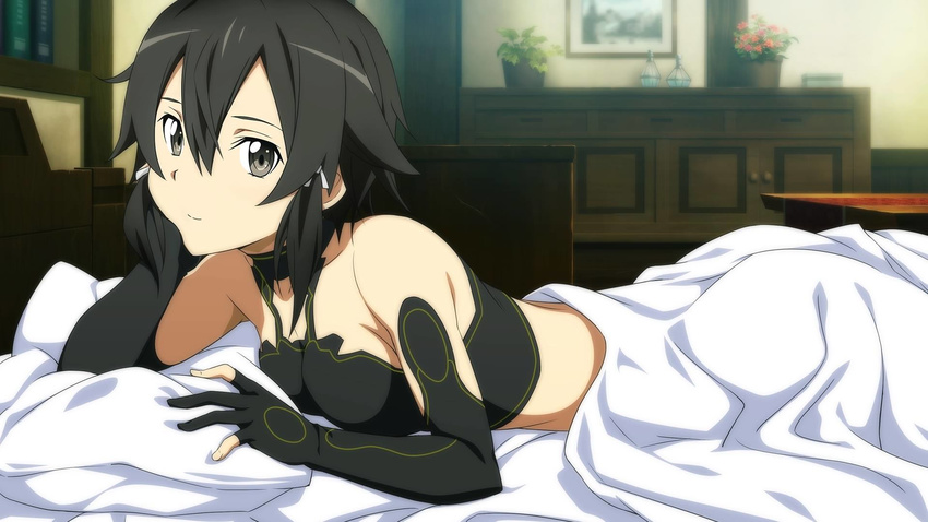 bed black_eyes black_hair blanket female lying official_art pillows shinon_(sao) solo sword_art_online