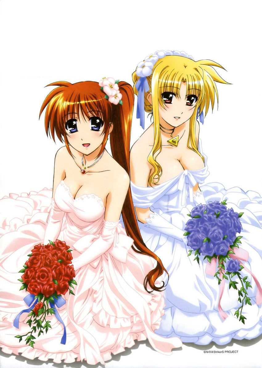 2girls absurdres bardiche blonde_hair blue_eyes bride brown_hair cleavage dress elbow_gloves fate_testarossa flower gloves headdress high_res long_hair mahou_shoujo_lyrical_nanoha multiple_girls oppai ponytail raising_heart red_eyes tagme takamachi_nanoha very_long_hair wedding_dress