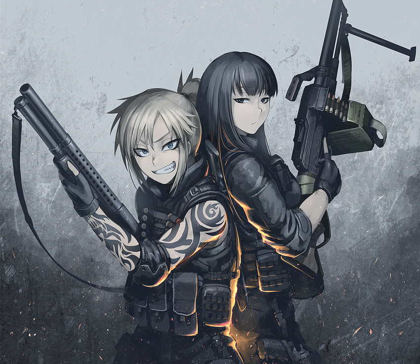 2girls back-to-back black_eyes black_hair blonde_hair blue_eyes buckle commentary_request elbow_pads fingerless_gloves gloves grin gun handgun height_difference hetza_(hellshock) holding holding_gun holding_weapon load_bearing_vest long_hair looking_at_viewer machine_gun multiple_girls original otsukai_(hetza) pkm ponytail shotgun shotgun_shell smile snap-fit_buckle sparks suzumi_(hetza) tattoo trigger_discipline weapon