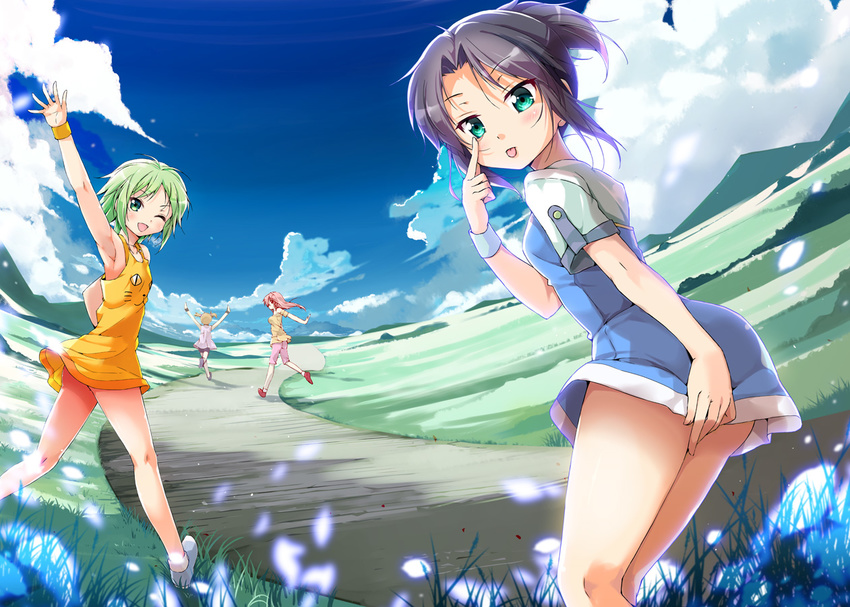 4girls ;d akanbe armpits arms_up black_hair blonde_hair blue_eyes cloud cloudy_sky commentary_request covering_ass covering_privates day eyelid_pull fisheye green_eyes green_hair hatano_kirie kamishima_mihori kikuno_mira kuromine_koyuki looking_at_viewer looking_back multiple_girls one_eye_closed open_mouth original pink_hair porurin running scenery shiori_series sky sleeveless smile tongue tongue_out waving