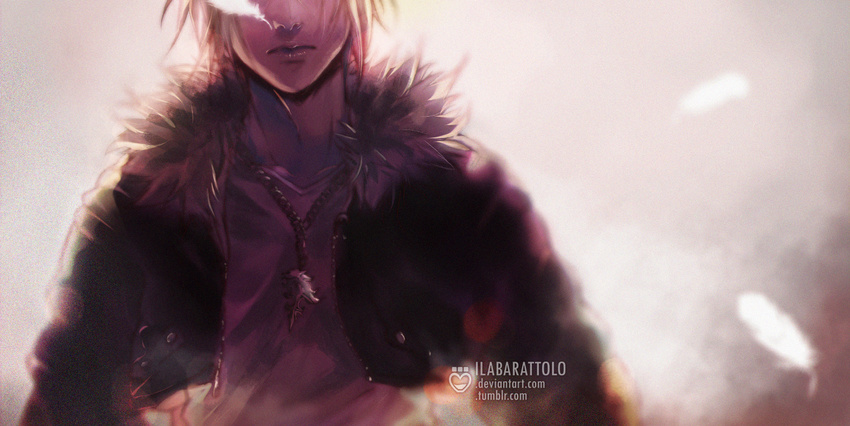 1boy backlighting cropped_jacket emblem feathers final_fantasy final_fantasy_viii fur_trim head_out_of_frame ilabarattolo jacket necklace solo squall_leonhart upper_body