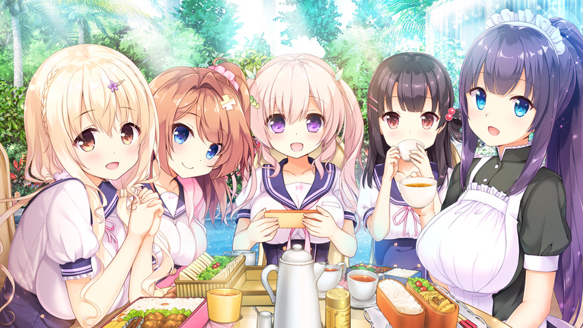 ameto_yuki apron aqua_eyes black_hair blonde_hair braids breasts brown_hair chiyuki_touko drink food game_cg giga group hanatsuka_aika headdress hinata_momo hisama_kumako katagiri_tsubame kozuya_riku kumakura_yoake kurasawa_moko long_hair ponytail purple_eyes seifuku soi_kano_~gyutto_dakishimete~ twintails