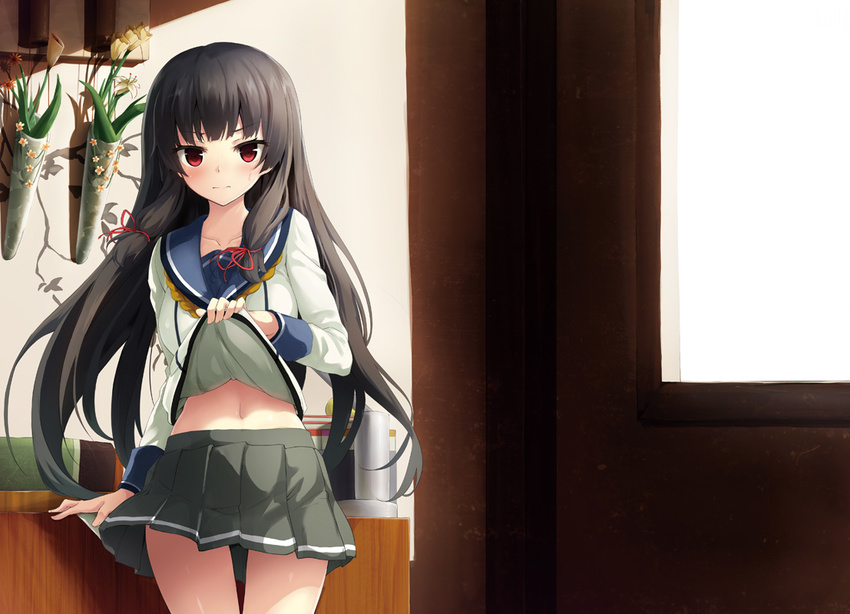 arm_at_side black_hair blue_sailor_collar blunt_bangs blush closed_mouth clothes_lift comiket_87 commentary_request cover cover_page cowboy_shot doujin_cover eyelashes female frown grey_skirt hair_ribbon hime_cut indoors isokaze_(kancolle) kantai_collection lifting_own_clothes long_hair long_sleeves looking_at_viewer navel neckerchief oozora_itsuki photoshop_(medium) pleated_skirt red_eyes red_ribbon ribbon sailor_collar school_uniform serafuku shirt shirt_lift sidelocks skirt solo standing straight_hair sweatdrop v-shaped_eyebrows very_long_hair white_shirt yellow_neckerchief