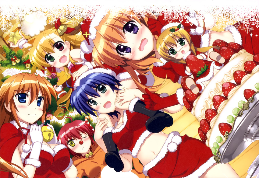 6+girls absurdres blush breasts chantez_arpinion christmas cleavage fujima_takuya heterochromia highres lyrical_nanoha mahou_shoujo_lyrical_nanoha mahou_shoujo_lyrical_nanoha_vivid miura_rinaldi multiple_girls nove_(nanoha) official_art subaru_nakajima teana_lanster vivio