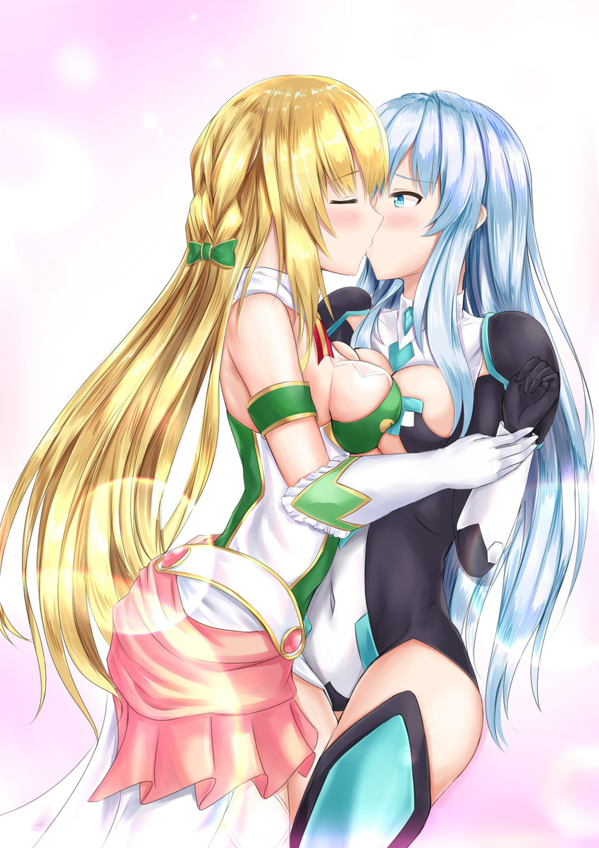 artist_request bare_shoulders blonde_hair blue_eyes blue_hair blush breast_press breasts closed_eyes covered_navel dress eyebrows_visible_through_hair female gloves highres image_sample kami_jigen_game_neptune_v kiseijou_rei kiseijou_rei_(goddess_form) kissing large_breasts long_hair looking_at_viewer neptune_(series) sleeveless smile solo symmetrical_docking twitter_sample vert very_long_hair white_gloves yuri