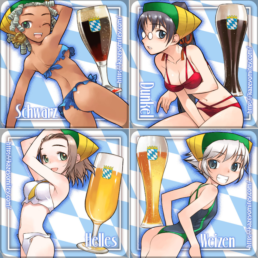 4girls alcohol ass bad_id bad_pixiv_id beer bikini breasts cleavage dark-skinned_female dark_skin dragon_steak!_(manga) fake_horns frilled_bikini frills german_text glasses greta_(dragon_steak!) grin hat highres horns izuna_(dragon_steak!) lipton_(dragon_steak!) medium_breasts multiple_girls nakamura_tetsuya nanase_(dragon_steak!) oktoberfest one-piece_swimsuit one-piece_thong one_eye_closed personification photoshop_(medium) ponytail sideboob smile swimsuit thong_bikini