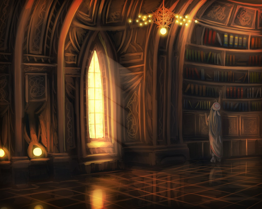 bookshelf commentary_request female gtd-carthage indoors lamp library long_hair original scenery solo sunlight window