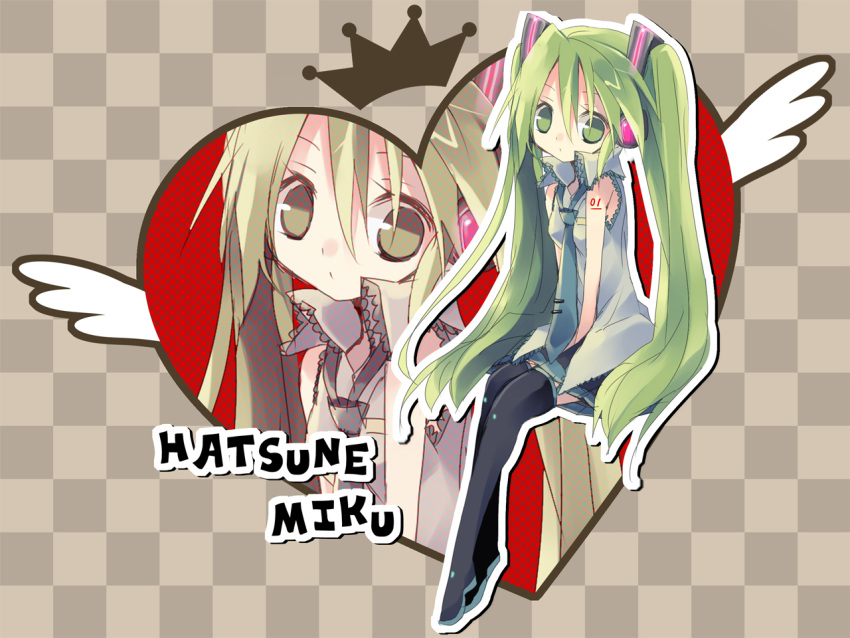 bad_id bad_pixiv_id crown female green_eyes green_hair hanepochi hatsune_miku headphones heart long_hair necktie sitting skirt solo thighhighs twintails vocaloid wings