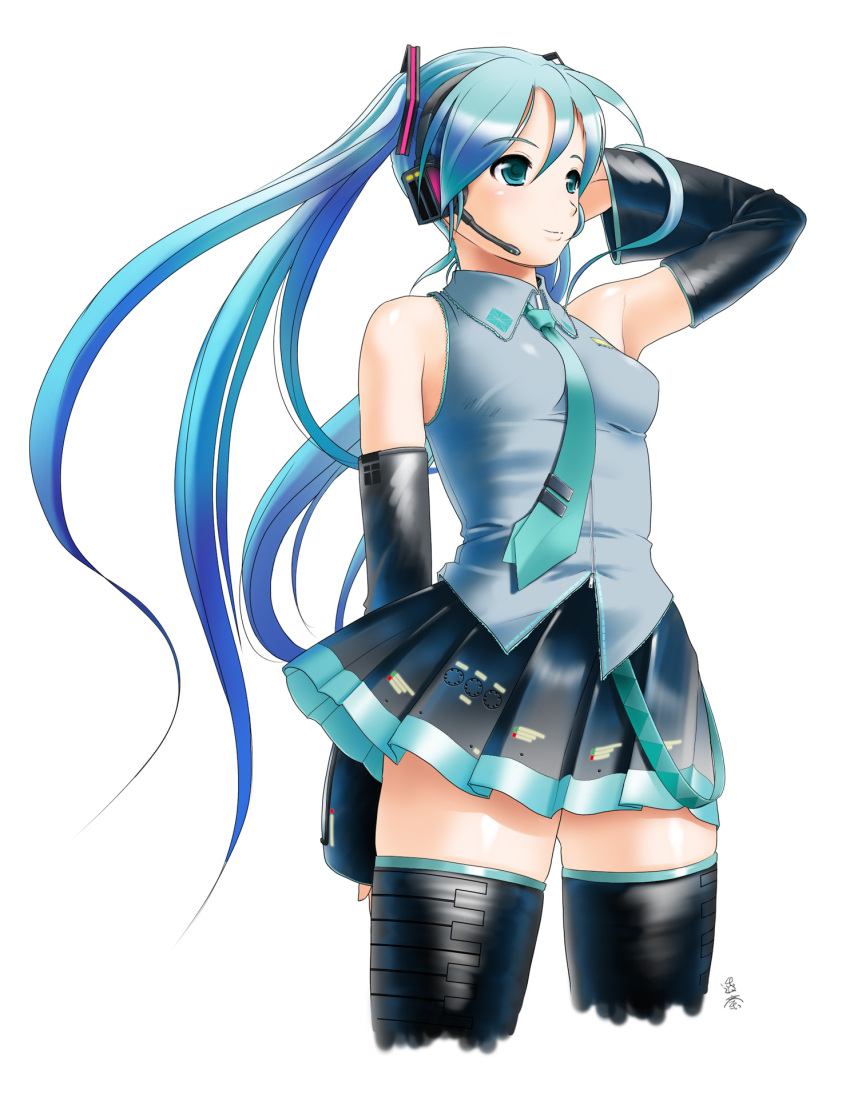 aqua_eyes aqua_hair commentary_request detached_sleeves female hatsune_miku headphones highres long_hair necktie partial_commentary photoshop_(medium) skirt solo thighhighs twintails very_long_hair vocaloid yukiyoshi zettai_ryouiki