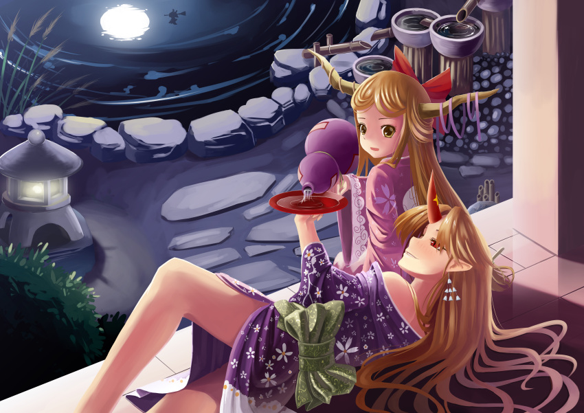 2girls absurdres alcohol blonde_hair commentary_request cup gourd highres horns hoshiguma_yuugi ibuki_suika japanese_clothes kirisame_marisa long_hair lying majicjiang moon moon_reflection multiple_girls on_side photoshop_(medium) pointy_ears red_eyes reflection sakazuki sake shishi_odoshi single_horn souzu stone_lantern touhou veranda water yellow_eyes