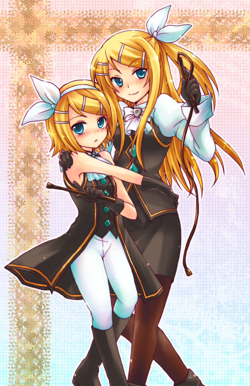 2girls ace_attorney_investigations ace_attorney_investigations:_miles_edgeworth aged_up alternate_hairstyle ascot bad_id bad_pixiv_id blonde_hair blue_eyes blush bow cosplay dual_persona franziska_von_karma_(cosplay) gloves gyakuten_saiban hair_ornament hairclip highres kagamine_rin karuma_mei kousetsu long_hair multiple_girls pantyhose pencil_skirt skirt smile time_paradox vocaloid whip