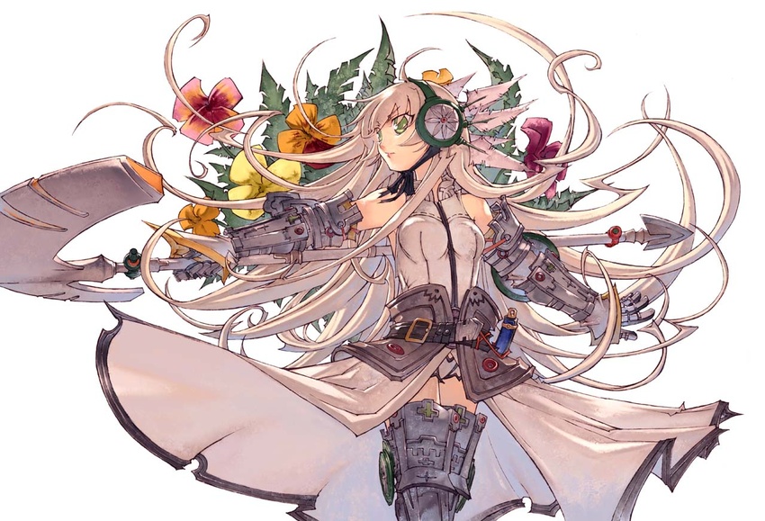 armor bare_shoulders commentary_request female flower gauntlets greaves green_eyes long_hair original pink_hair scythe solo very_long_hair yoshida_tooru