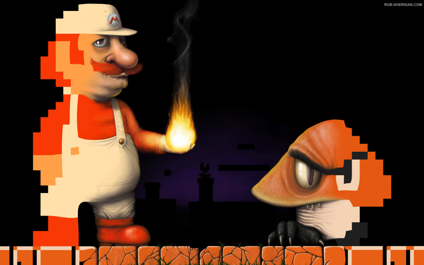 1boy alternate_color alternate_form facial_hair fire fire_mario fireball gloves goomba hat highres jpeg_artifacts male_focus mario mario_(series) moustache overalls photoshop_(medium) piranha_plant pixel_art realistic red_hair rob_sheridan single_letter super_mario_bros._1 surreal white_overalls