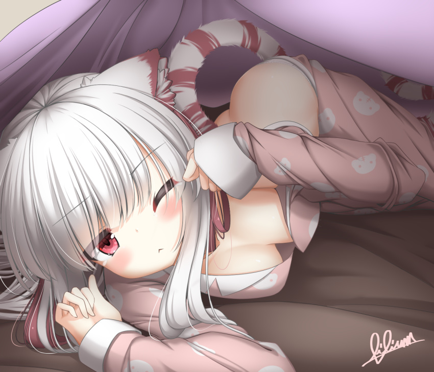 ;< animal_ears artist_name ass bed blanket blunt_bangs blush breasts cleavage closed_mouth commentary_request female hair_down haku_(p&d) highres lilium0235 long_hair long_sleeves looking_at_viewer lying medium_breasts multicolored_hair one_eye_closed pajamas panties puzzle_&_dragons red_eyes red_hair signature sleeves_past_wrists solo tail tiger_ears tiger_tail two-tone_hair under_covers underwear white_hair white_panties