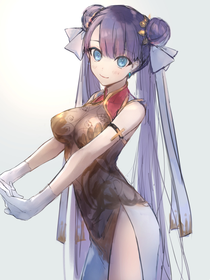 alternate_costume armband ashita_kura bad_id bad_twitter_id bare_arms bare_shoulders blue_eyes blush breasts china_dress chinese_clothes cross double_bun dress earrings fate/grand_order fate_(series) female gloves gold_trim hair_bun hair_ornament hair_ribbon highres jewelry long_dress long_hair looking_at_viewer martha_(fate) martha_(traveling_outfit)_(fate) medium_breasts pelvic_curtain purple_eyes purple_hair ribbon side_slit simple_background sleeveless sleeveless_dress smile solo twintails very_long_hair white_gloves