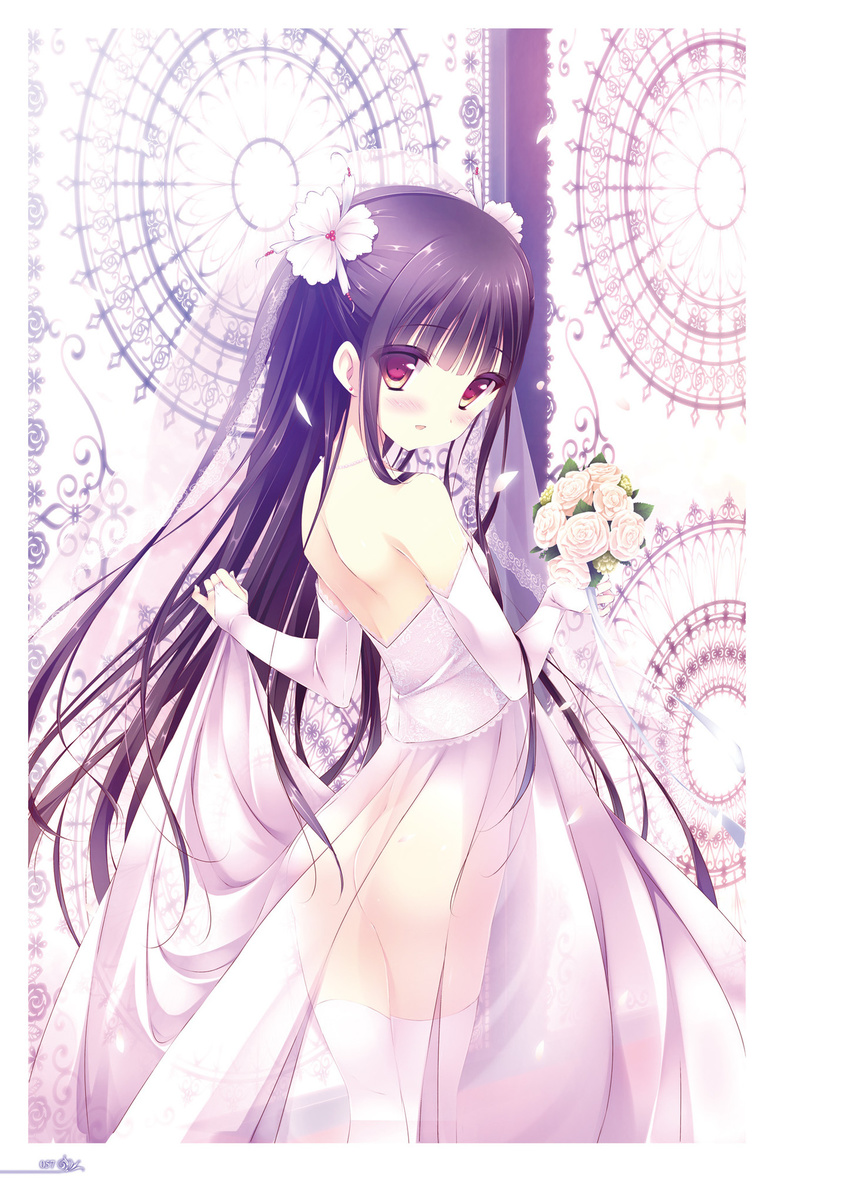 arms_up backless_dress backless_outfit bare_shoulders black_hair blush bouquet dress drill_hair female flower hair_between_eyes hair_flower hair_ornament highres holding long_hair looking_at_viewer looking_back mashita_touma no_panties non-web_source purple_dress red_eyes rose scan see-through shiratama_(shiratamaco) shoulder_blades sidelocks solo standing tied_hair white_flower white_rose zutto_sukishite_takusan_sukishite