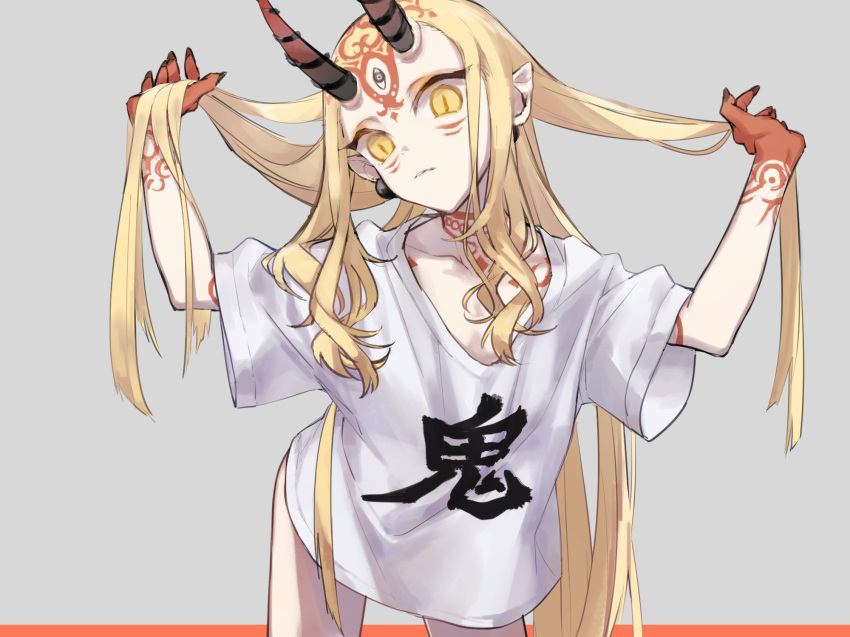 ashita_kura blonde_hair bottomless clothes_writing collarbone commentary earrings facial_mark fate/grand_order fate_(series) female hair_lift highres horns ibaraki_douji_(fate) jewelry long_hair looking_at_viewer oni oni_horns pointy_ears shirt solo symbol-only_commentary tattoo translated white_shirt yellow_eyes