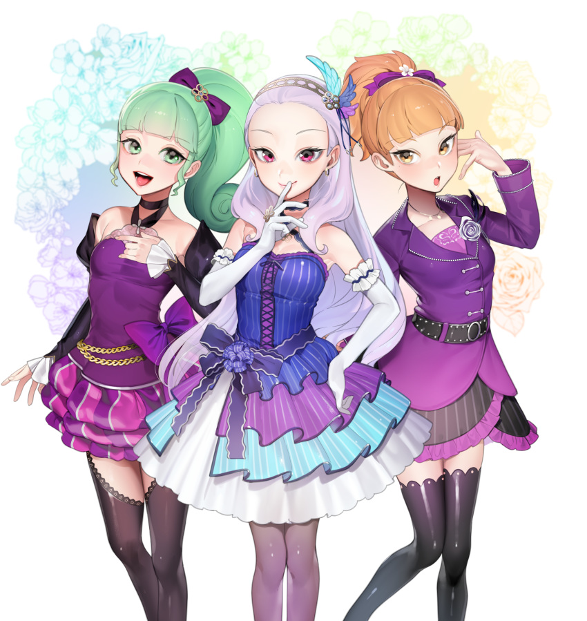 3girls :d :o absurdres bad_id bad_pixiv_id bare_shoulders belt black_choker black_legwear blue_dress bow breasts choker commentary_request detached_sleeves dress elbow_gloves fingernails flower gloves green_eyes green_hair grey_legwear hair_flower hair_ornament hairband hairbow hand_on_own_chest hand_up highres idol jacket jewelry kang_hae-ra light_purple_hair lili_(shining_star) long_hair long_sleeves multiple_girls necklace ohisashiburi open_mouth orange_eyes orange_hair ponytail purple_dress purple_jacket red_eyes roju_(shining_star) shining_star short_dress short_hair small_breasts smile thighhighs very_long_hair white_gloves