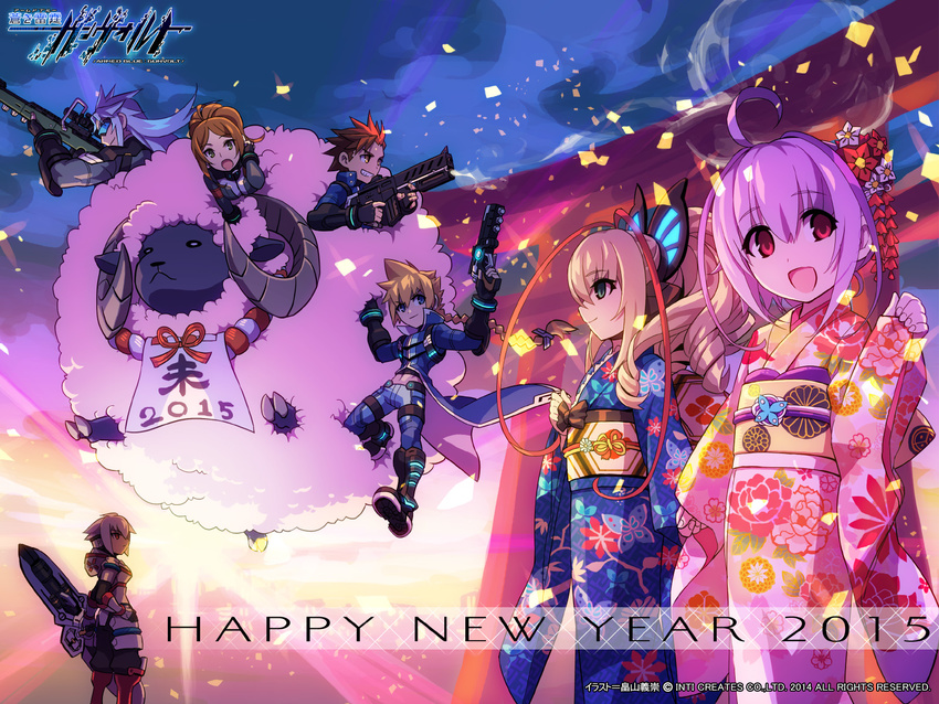 2015 3girls 4boys acura_(gunvolt) asimov_(gunvolt) azure_striker_gunvolt blonde_hair blue_eyes brown_hair chinese_zodiac gino_(gunvolt) green_eyes gun gunvolt happy_new_year hatakeyama_yoshitaka highres japanese_clothes joule_(gunvolt) kimono light_purple_hair lumen_(gunvolt) monica_(gunvolt) multicolored_hair multiple_boys multiple_girls new_year night night_sky official_art photoshop_(medium) red_eyes red_hair sheep sky sunglasses torii two-tone_hair weapon white_hair year_of_the_goat