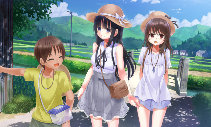 1boy 2girls bag black_hair blue_sky blush brown_eyes brown_hair building character_request closed_eyes cloud commentary_request day dress field hat insect_cage jewelry looking_at_another looking_to_the_side mountainous_horizon multiple_girls necklace open_mouth original outdoors pointing purple_eyes ribbon shirt shitou_(4h) shizuki_shiori shizuki_yuri short_hair skirt sky smile standing sun_hat white_dress white_shirt