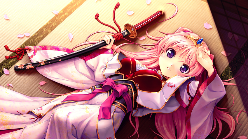 arm_up bekkankou blush breasts dress female hand_on_forehead highres holding holding_sheath japanese_clothes katana knee_up large_breasts long_hair looking_at_viewer lying miyaguni_akari official_art official_wallpaper on_back on_floor parted_lips petals pink_hair pink_ribbon purple_eyes ribbon sen_no_hatou_tsukisome_no_kouki shadow sheath sheathed solo sword tatami tiara weapon wide_sleeves