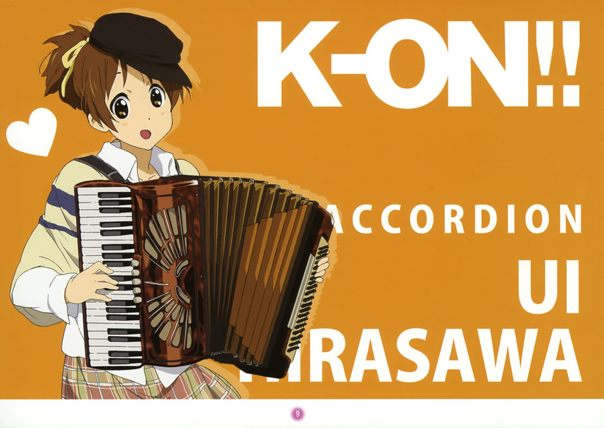 absurdres accordion blush comiket_79 female hat highres hirasawa_ui instrument k-on! music official_art open_mouth plaid plaid_skirt playing_instrument scan simple_background skirt smile solo ueno_chiyoko