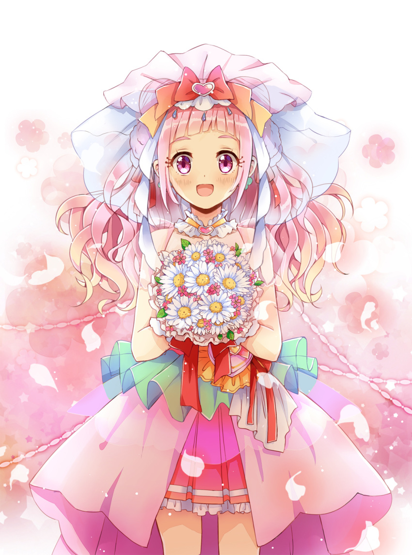 :d bouquet bow choker commentary cowboy_shot cure_yell cure_yell_(cheerful_style) daisy female flower hair_ornament hairbow heart heart_hair_ornament heart_pouch highres holding holding_bouquet hugtto!_precure layered_skirt lazy_orange long_hair looking_at_viewer magical_girl multicolored_bow nono_hana open_mouth petals photoshop_(medium) pink_background pink_eyes pink_hair pink_skirt precure skirt smile solo standing thick_eyelashes veil wavy_hair white_background