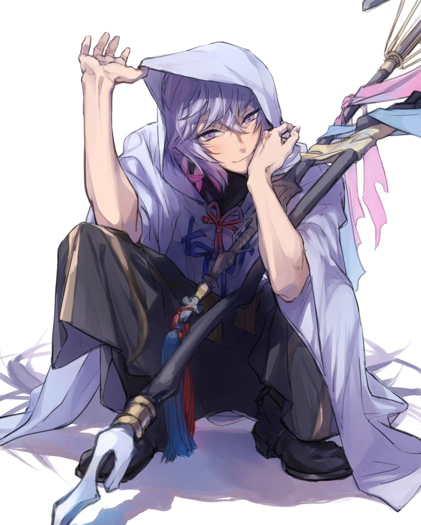 1boy ashita_kura bad_id bad_twitter_id blush commentary_request fate/grand_order fate_(series) full_body hair_between_eyes highres holding holding_staff hood hood_up hooded_robe long_hair looking_at_viewer male_focus merlin_(fate) purple_eyes purple_hair robe shadow simple_background smile solo squatting staff very_long_hair white_background