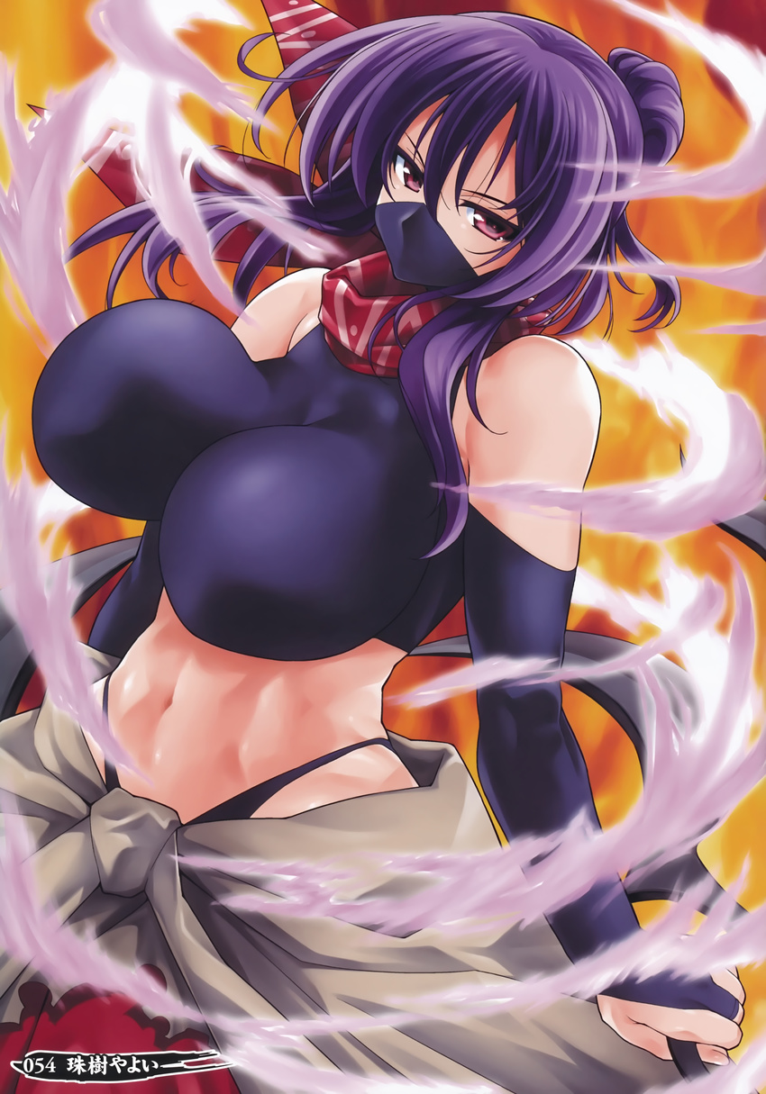 absurdres bare_shoulders bouncing_breasts breasts bridal_gauntlets elbow_gloves female gloves highres large_breasts looking_at_viewer mask midriff mouth_mask navel ninja ninja_mask purple_eyes purple_hair rin_(senran_kagura) scarf senran_kagura solo yamaguchi_homupe