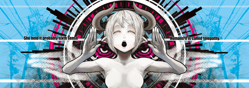 armpits breasts closed_eyes collarbone colored_skin commentary_request english_text engrish_text female grey_skin highres horns medium_breasts open_mouth original pointy_ears ranguage short_hair solo topless white_hair wolf_(inunejiro)