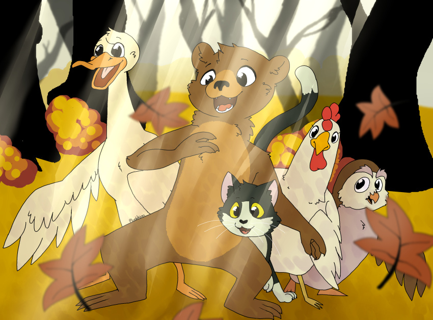 2018 3_toes absurd_res ambiguous_gender anatid anseriform anthro autumn avian beak bear biped bird brown_body brown_fur cheek_tuft chest_tuft chicken claws detailed_background digital_media_(artwork) domestic_cat duck eyelashes facial_tuft feathered_wings feathers featureless_crotch feet felid feline felis female feral forest fur galliform gallus_(genus) group hi_res leaf light light_beam little_bear little_bear_(character) lolicon mammal multicolored_body multicolored_fur open_mouth outside owl phasianid plant plushkinn semi-anthro smile snout standing sunbeam sunlight teeth toes tongue tree tuft white_body white_feathers white_fur wings young young_ambiguous young_anthro young_feral