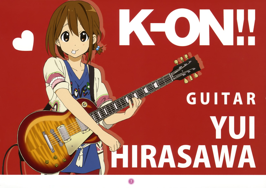 absurdres alternate_hairstyle casual comiket_79 electric_guitar female gibson_brands_inc gibson_les_paul guitar highres hirasawa_yui horiguchi_yukiko instrument k-on! official_art plectrum scan solo