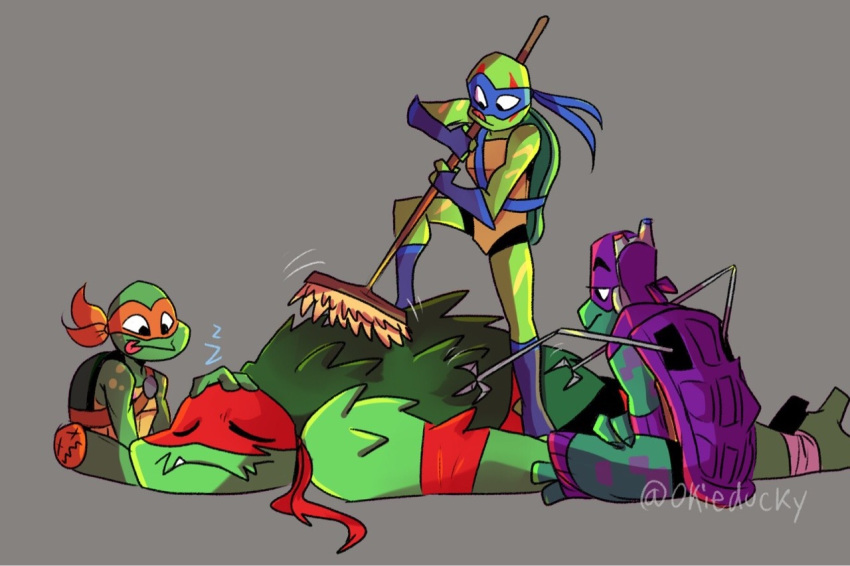 alligator_snapping_turtle armor back_scratching box_turtle brother_(lore) brothers_(lore) donatello_(rottmnt) donatello_(tmnt) green_body green_skin group leonardo_(rottmnt) leonardo_(tmnt) michelangelo_(rottmnt) michelangelo_(tmnt) okie_ducky ornate_box_turtle pond_slider raphael_(rottmnt) raphael_(tmnt) red-eared_terrapin red_body red_skin reptile rise_of_the_teenage_mutant_ninja_turtles scalie shell sibling_(lore) sleeping snapping_turtle softshell_turtle spiny_softshell_turtle teenage_mutant_ninja_turtles terrapin turtle yellow_body yellow_skin