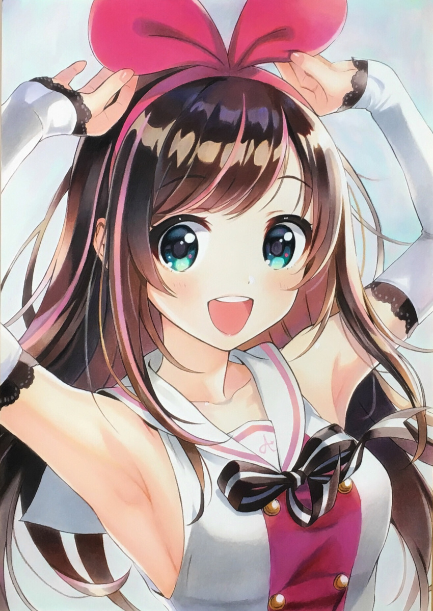 arm_warmers armpits arms_up bad_id bad_pixiv_id bare_shoulders black_neckwear blue_eyes blue_nails blush breasts collarbone colored_pencil_(medium) derivative_work female hairband highres kizuna_ai kizuna_ai_inc. long_hair looking_at_viewer marker_(medium) medium_breasts morikura_en multicolored_hair nail_polish open_mouth sailor_collar sideboob sleeveless smile solo streaked_hair swept_bangs teeth tomotomo_(awai) traditional_media upper_body upper_teeth_only virtual_youtuber