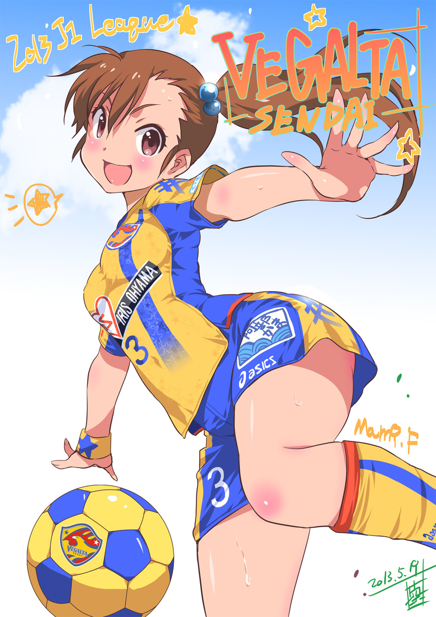 ball blush breasts brown_eyes brown_hair dated female futami_mami hair_bobbles hair_ornament highres idolmaster idolmaster_(classic) inoue_sora j._league japan kneehighs long_hair photoshop_(medium) shirt shorts side_ponytail signature small_breasts smile soccer soccer_ball soccer_uniform socks solo sportswear striped sweat taut_clothes taut_shirt translated vegalta_sendai