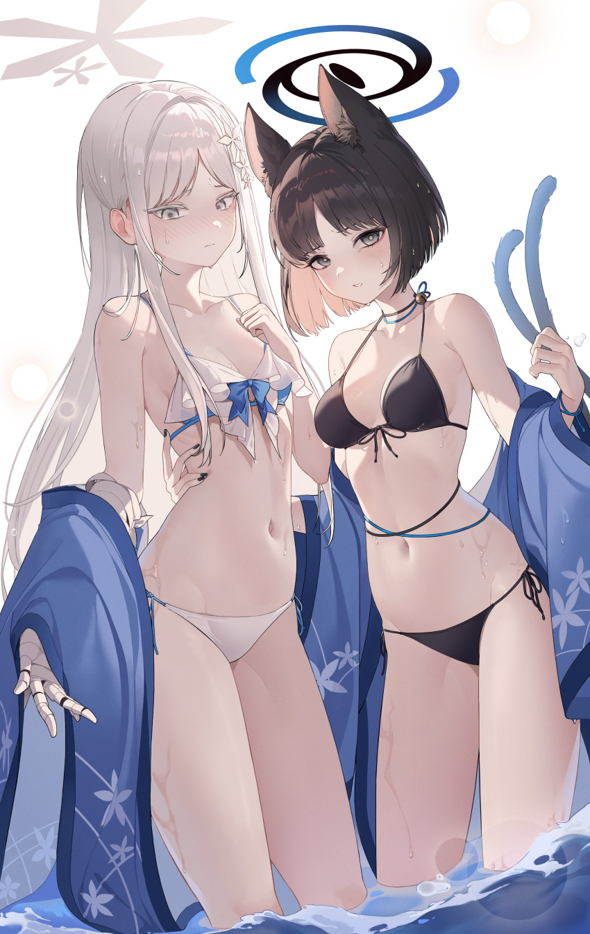 2girls absurdres alternate_costume animal_ears bikini black_bikini black_eyes black_nails blue_archive blue_halo cat_ears cat_tail choker grey_eyes halo highres hoshirapu kikyou_(blue_archive) multiple_girls multiple_tails nagusa_(blue_archive) navel ribbon_choker swimsuit tail two_tails white_bikini white_hair