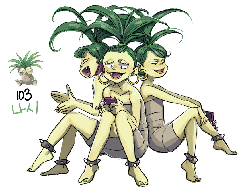 3girls bare_shoulders barefoot cellphone collarbone commentary dress earrings exeggutor eyelashes fangs fingernails green_hair green_nails grey_dress holding holding_phone hoop_earrings jewelry long_hair multiple_girls nail_polish open_mouth personification phone pokemon simple_background sitting smartphone spiked_anklet tamtamdi toenail_polish toenails translated white_background