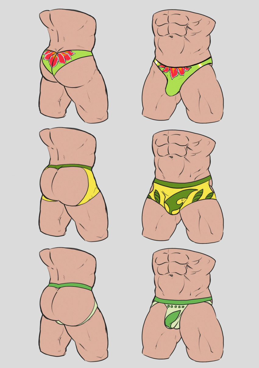 1boy abs absurdres ass bara bayleef bikini briefs bulge chikorita deny_hanamura grey_background highres huge_ass jockstrap male_focus male_swimwear male_underwear manly mature_male meganium pokemon simple_background swim_briefs swimsuit thick_thighs thighs underwear