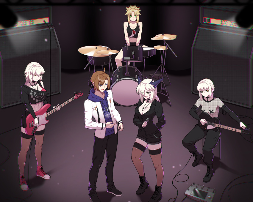 alternate_breast_size artoria_pendragon_(fate) artoria_pendragon_(lancer_alter)_(fate) bass_guitar blink-182 blonde_hair blue_eyes boots breasts cargo_pants collar combat_boots converse crop_top drum fate/grand_order fate_(series) green_day green_eyes guitar highres hood hoodie hyperbudd instrument jeanne_d'arc_alter_(fate) large_breasts light_brown_hair microphone mordred_(fate) mordred_(fate/apocrypha) pants saber_alter shorts speaker thighhighs unbuttoned unbuttoned_shirt vans white_hair yellow_eyes