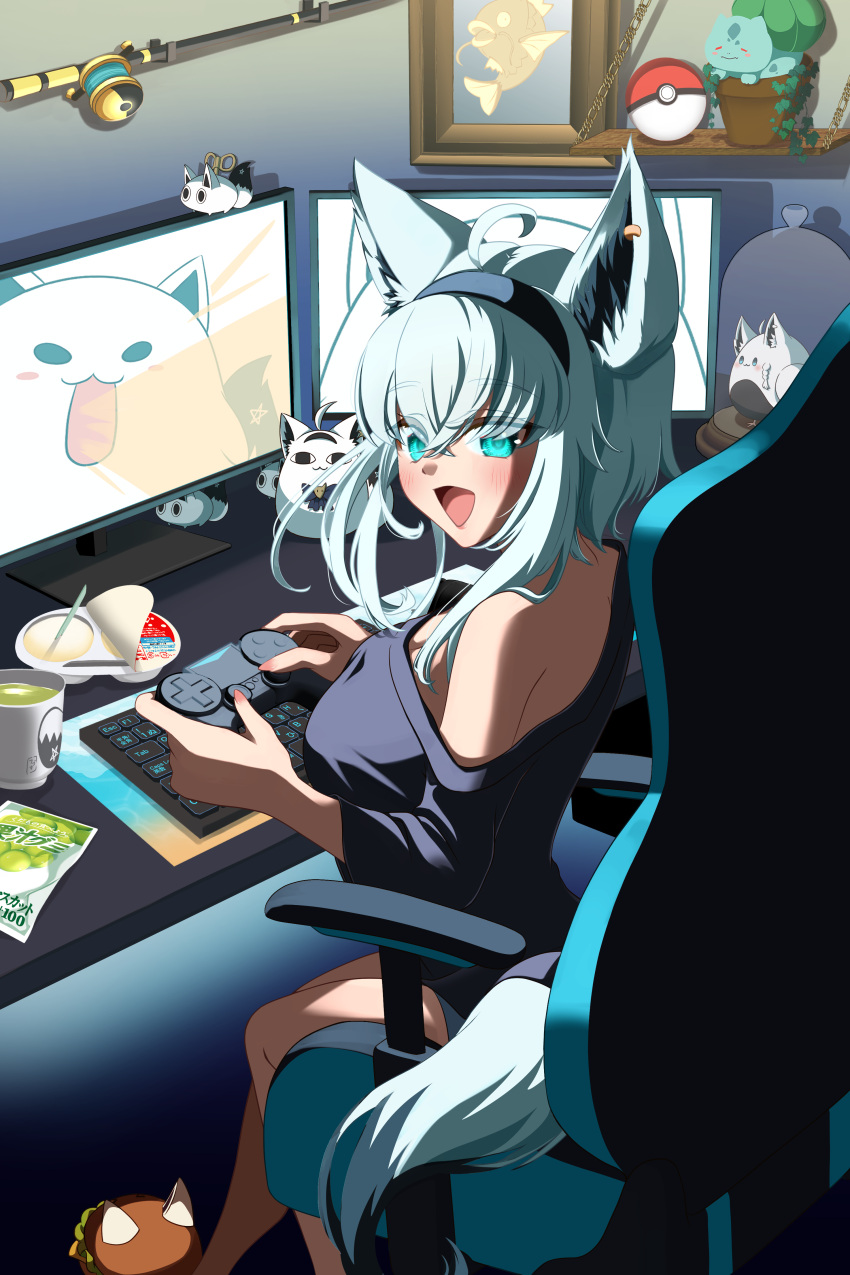 absurdres ahoge alternate_color animal_ear_fluff animal_ears black_shirt blush braid bulbasaur chair commentary_request computer_keyboard controller cup earrings female fishing_rod fox_ears fox_girl fox_tail fubuchun fubuzilla_(shirakami_fubuki) game_controller gaming_chair green_eyes hair_between_eyes hairband highres holding holding_controller holding_game_controller hololive indoors jewelry long_hair looking_at_viewer looking_back magikarp miteiru_(shirakami_fubuki) monitor nejima_kitsune_(shirakami_fubuki) open_mouth poke_ball pokemon saki7886 shiny_pokemon shirakami_fubuki shirakami_fubuki_(loungewear) shirt sidelocks single_braid sitting swivel_chair tail virtual_youtuber white_hair yunomi