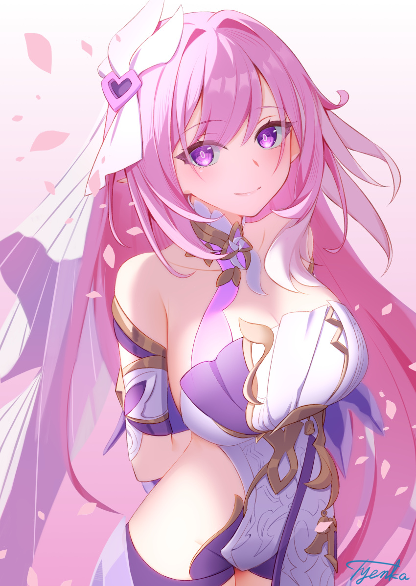 absurdres arm_behind_back artist_name bare_shoulders black_shorts breasts bridal_veil cleavage clothing_cutout commission cowboy_shot detached_sleeves elf elysia_(herrscher_of_human:_ego)_(honkai_impact) elysia_(honkai_impact) falling_petals female hair_between_eyes highres honkai_(series) honkai_impact_3rd large_breasts long_hair looking_at_viewer petals pink_background pink_hair pointy_ears purple_eyes second-party_source shirt short_shorts short_sleeves shorts side_cutout triquetra tyenka7728 veil very_long_hair white_shirt white_veil