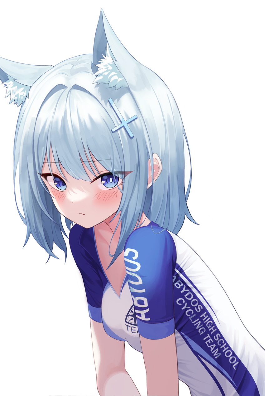 animal_ear_fluff animal_ears blue_archive blue_eyes blush breasts closed_mouth commentary cross_hair_ornament extra_ears eyelashes female hair_intakes hair_ornament highres ju-ok long_hair looking_at_viewer mismatched_pupils official_alternate_costume shiroko_(blue_archive) shiroko_(cycling)_(blue_archive) short_sleeves simple_background small_breasts solo sportswear upper_body white_background white_hair wolf_ears