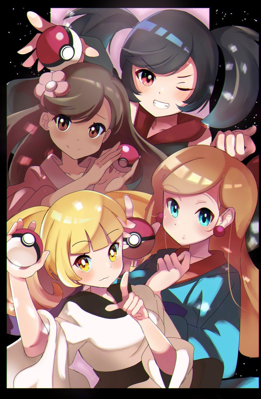 4girls black_hair blonde_hair blue_eyes blush brown_eyes brown_hair closed_mouth commentary_request dark-skinned_female dark_skin earrings eyelashes furisode_girl_(pokemon) furisode_girl_blossom furisode_girl_kali furisode_girl_katherine furisode_girl_linnea highres holding holding_poke_ball jewelry long_hair looking_at_viewer multiple_girls one_eye_closed poke_ball poke_ball_(basic) pokemon pokemon_xy red_eyes smile teeth twintails umiru wide_sleeves