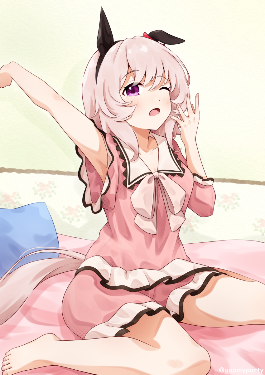 animal_ears armpits barefoot bed blush breasts cleavage collarbone commentary_request curren_chan_(umamusume) female goom_(goomyparty) grey_hair headband highres horse_ears horse_girl horse_tail looking_at_viewer medium_breasts medium_hair one_eye_closed open_mouth pajamas pillow purple_eyes see-through see-through_shirt shirt simple_background sitting solo tail umamusume umamusume:_road_to_the_top wariza