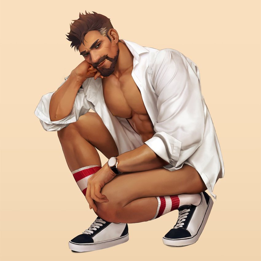 1boy abs bara bare_pectorals beard brown_hair dark-skinned_male dark_skin facial_hair full_body highres large_pectorals male_focus muscular muscular_male nez nipples open_clothes open_shirt overwatch overwatch_1 pectorals reaper_(overwatch) scar scar_on_cheek scar_on_face shirt short_hair simple_background smile socks solo thighs watch white_shirt wristwatch