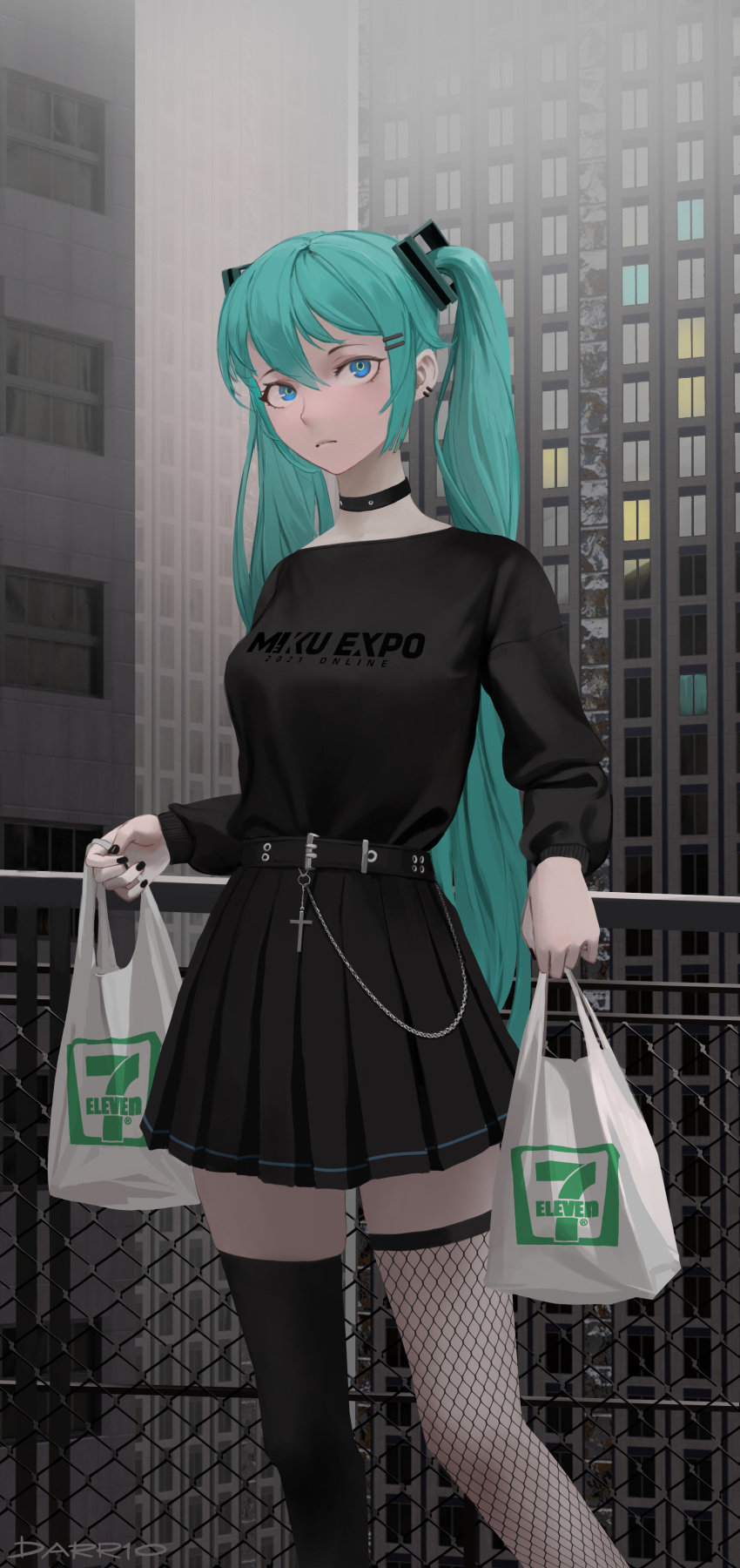 7-eleven absurdres aqua_hair asymmetrical_legwear bag belt black_choker black_legwear black_nails black_shirt black_skirt blue_eyes choker cityscape closed_mouth cross darr1o ear_piercing english_commentary feet_out_of_frame female fishnet_thighhighs fishnets goth_fashion hatsune_miku hatsune_miku_expo high-waist_skirt highres long_sleeves miniskirt mismatched_legwear outdoors piercing plastic_bag shirt shopping_bag skirt solo thighhighs twintails vocaloid