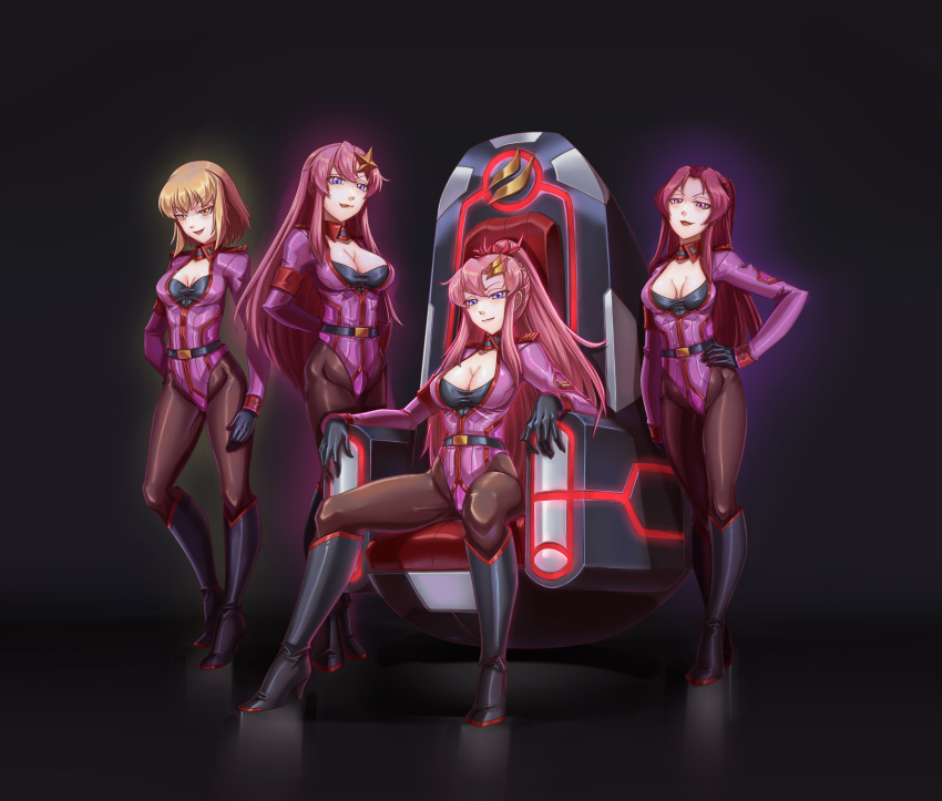 4girls absurdres blonde_hair blue_eyes bodysuit breasts brown_eyes cagalli_yula_athha chinese_commentary cleavage corruption dark_persona flay_allster gundam gundam_seed gundam_seed_destiny hair_ornament hand_on_own_hip highres lacus_clyne leebigtree licking_lips long_hair looking_at_viewer md5_mismatch medium_breasts meer_campbell mixed-language_commentary multiple_girls pantyhose pink_hair ponytail purple_eyes short_hair sitting smirk throne tongue tongue_out