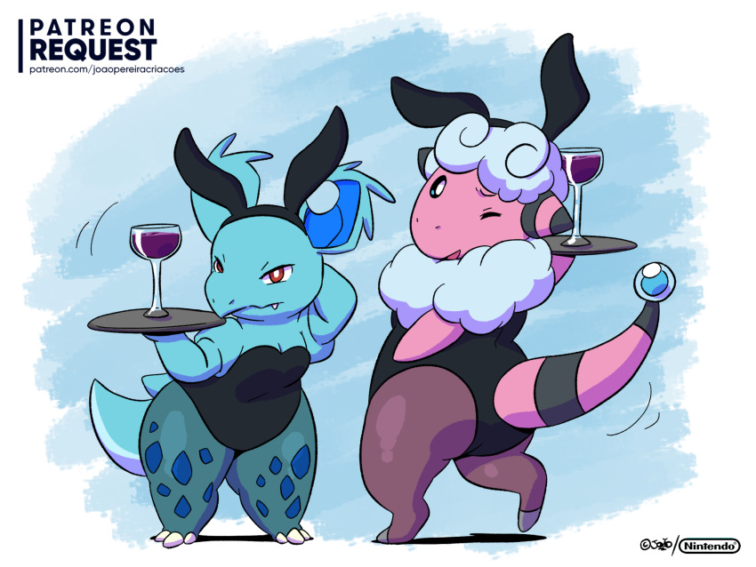 4:3 bunny_costume clothing container costume cup drinking_glass female flaaffy generation_1_pokemon generation_2_pokemon glass glass_container glass_cup hi_res joaoppereiraus nidorina nintendo one_ear_obstructed pokemon pokemon_(species) rita_(saybin) text url waiter wine_glass